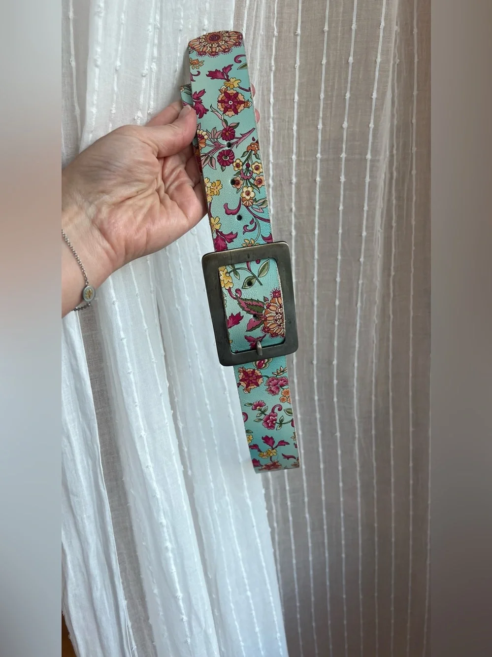 Floral Print Leather Belt in Light Blue